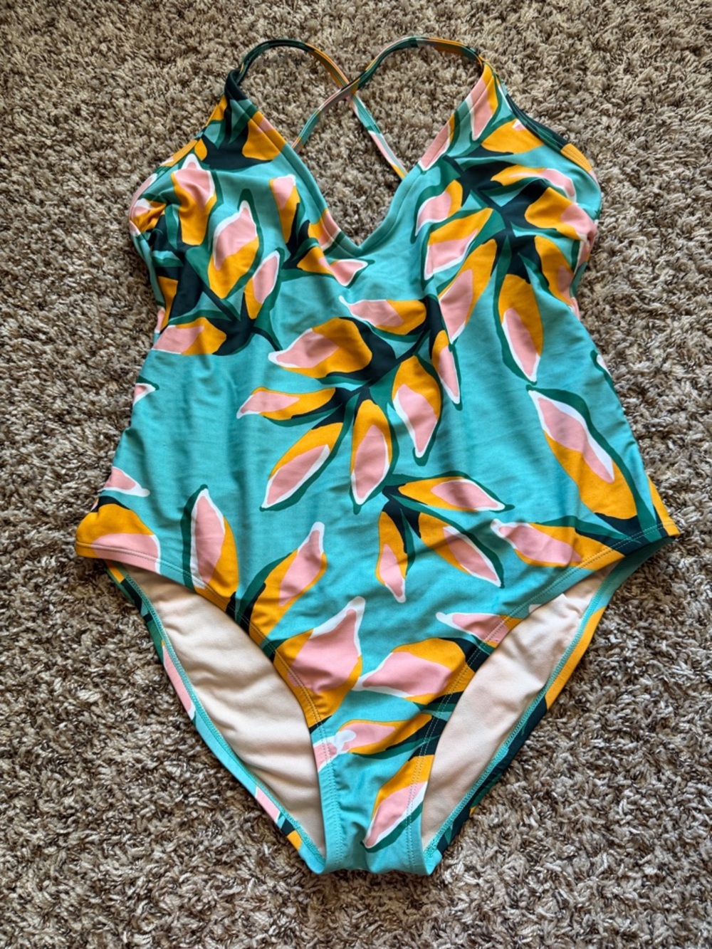 Kona Sol Colorblock Tropical One-Piece Swimsuit - Teal, Pink & Yellow